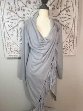Gray Fringe Asymmetrical Cowl Neck Sweater Wrap Poncho | One Button Accent